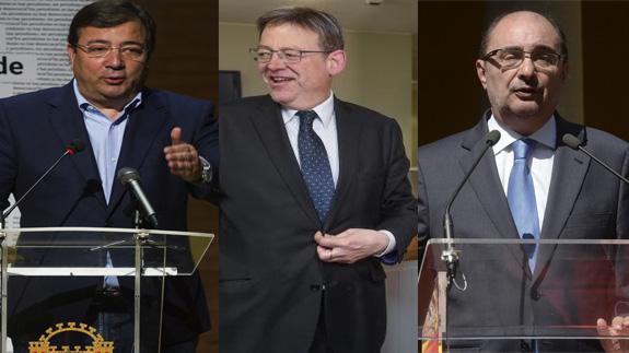 El presidente extremeño Fernández Vara, el valenciano Ximo Puig y el aragonés Javier Lambán.
