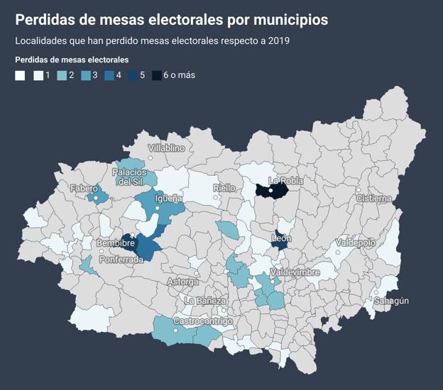 Mapa con todos los municipios de la provincia; en más oscuro, auqellos que pierden más mesas electorales este 13 de febrero con respecto a 2019; en gris, los que mantienen el número.