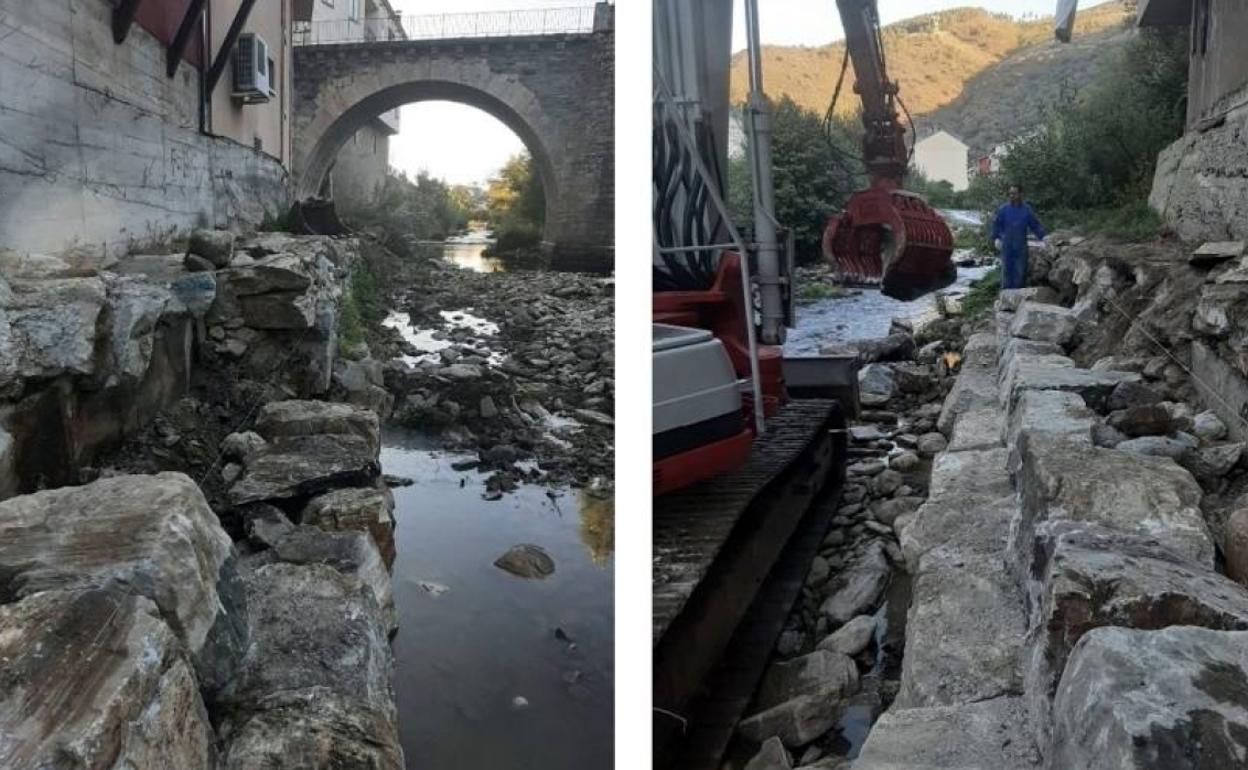 Imagen del antes y después de la escollera en la margen izquierda del río Valcarce en Villafranca del Bierzo.