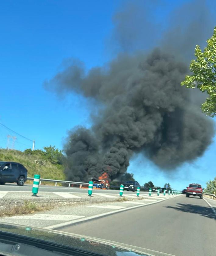 Imagen secundaria 2 - El fuego calcinó por completo el vehículo y provocó una intensa nube de humo negro.
