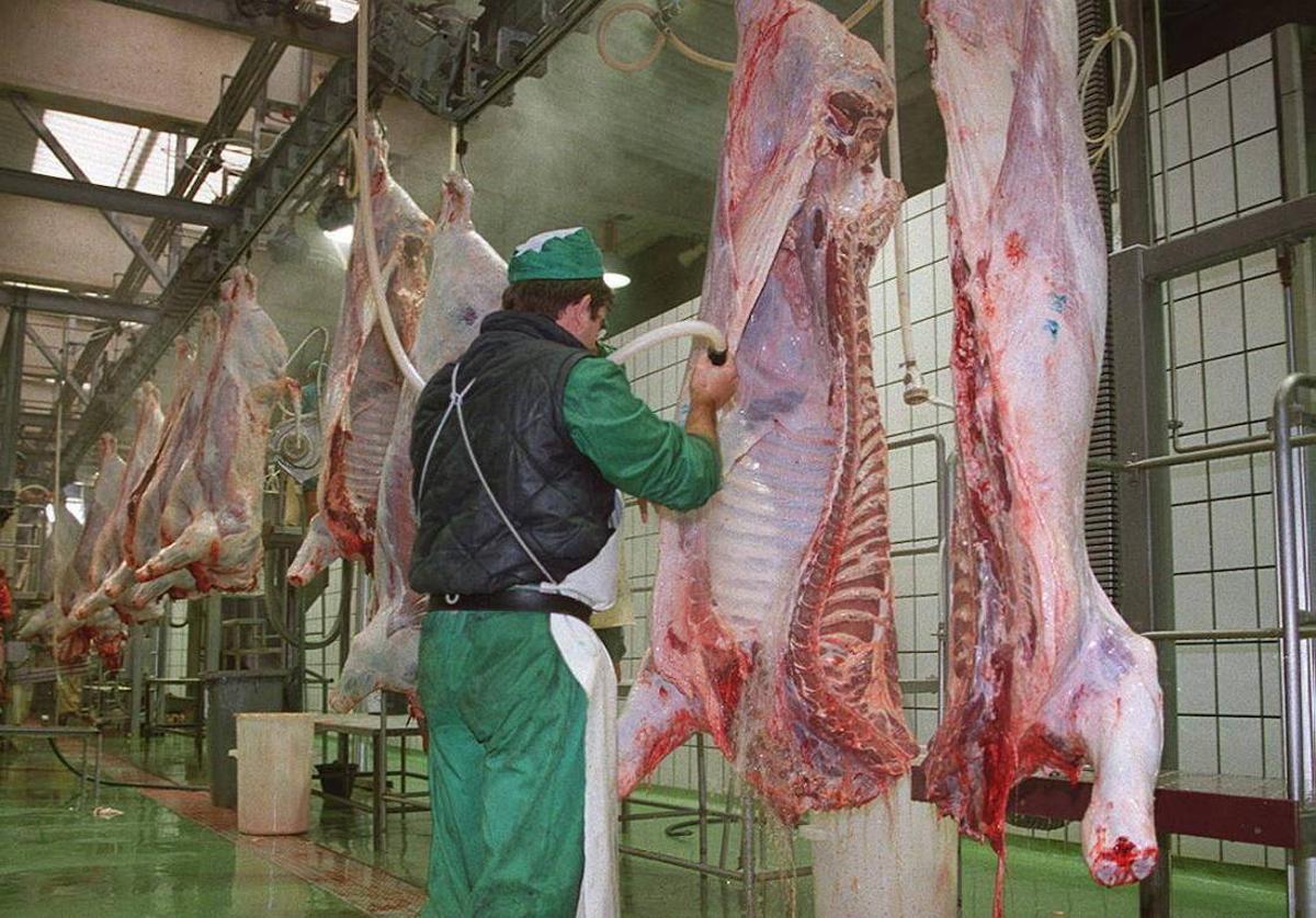 Un operario trabaja en las instalaciones de un matadero.