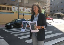 La concejala de Fomento, Lidia Coca, muestra el antes y el después del «socavón histórico» de la avenida del Bierzo.