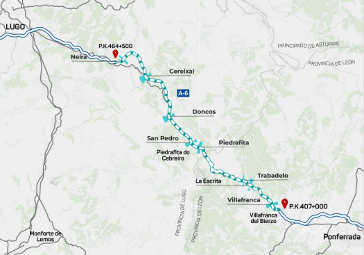 Túneles de la A-6 entre Lugo y León afectados por las obras.