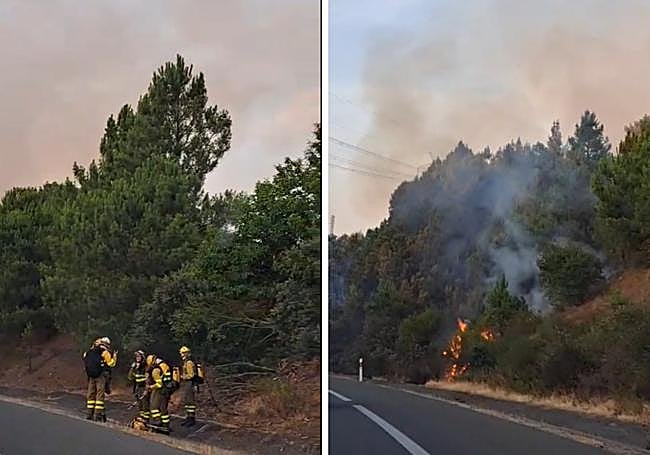 Los brigadistas en el arcén de la A-6 y el fuego junto a la autovía.