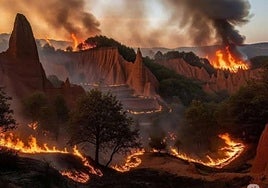 Imagen creada con IA del incendio de Las Médulas que se ha difundido como real en redes sociales.