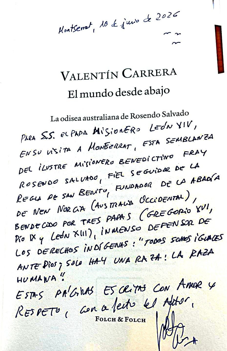 Dedicatoria de Valentín Carrera al Papa León XIV