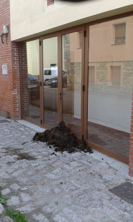 Estiércol a la puerta de un colegio electoral en Caso.