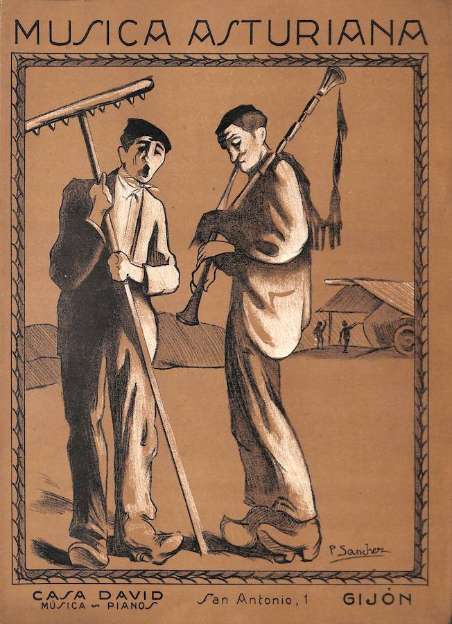 Partituras de Música asturiana, con ilustración de cubierta de Pedrín Sánchez. (Gijón, Casa David, h. 1915).