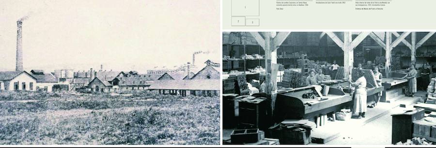 Instalaciones del Gijón Fabril en 1950 (izquierda) y vista interior de la Fábrica de Moreda con sus trabajadoras, 1920.