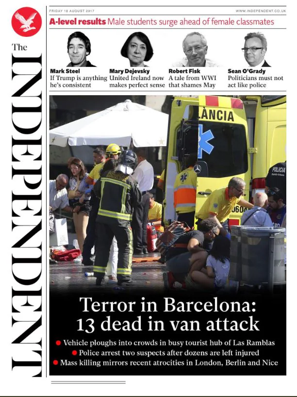 «Terror en Barcelona. 13 muertos en un ataque con furgoneta», titula el diario británico The Independent