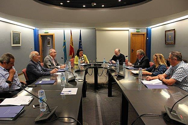 La consejera María Jesús Álvarez, en el centro, junto a responsables de su consejería y representantes de Asaja, Coag y UCA. 