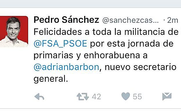 Pedro Sánchez, de los primeros en felicitar a Barbón tras los resultados de las primarias