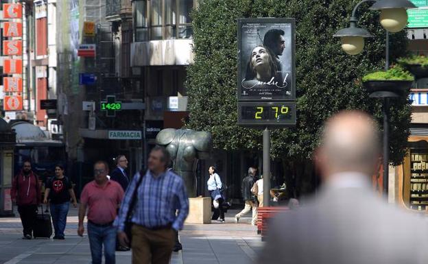 Un termómetro marca 27 grados en el centro de Oviedo.