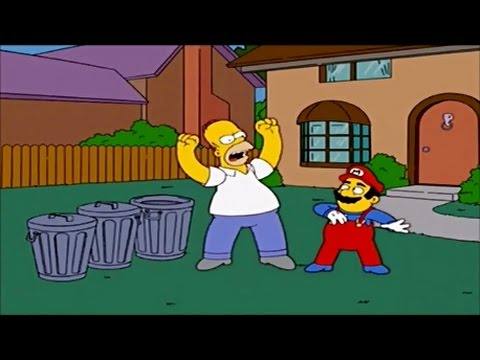 Homer, echando de su jardín a Mario Bros.