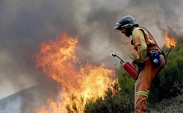 Un bombero lucha contra las llamas en el incendio del pasado fin de semana en Degaña. 
