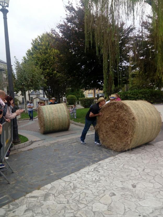 Los participantes empujaron los rollos de hierba seca en una de las calles de La Caridad. 