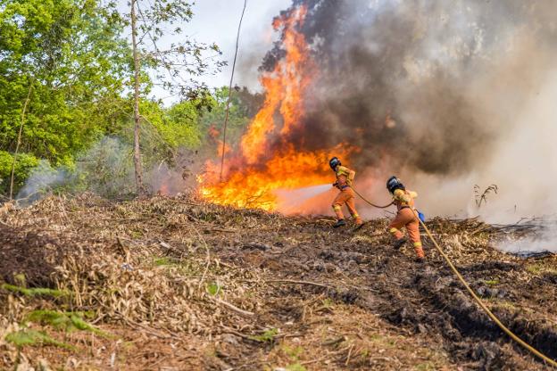 Llanes. Bomberos de Asturias trabajan en la extinción de un incendio forestal en La Pereda. 