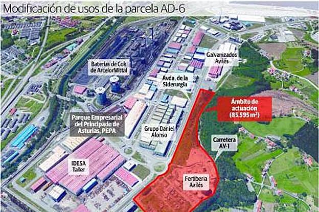 Gráfico que representa el ámbito de actuación al norte del PEPA, donde se mantendrá la parcela de Fertiberia, se urbanizarán cinco parcelas y se habilitará un aparcamiento y zonas verdes.Parte de los terrenos que urbanizará la Sepi dentro del ámbito de actuación AD-6, al norte del PEPA junto a la avenida de la Siderurgia. 