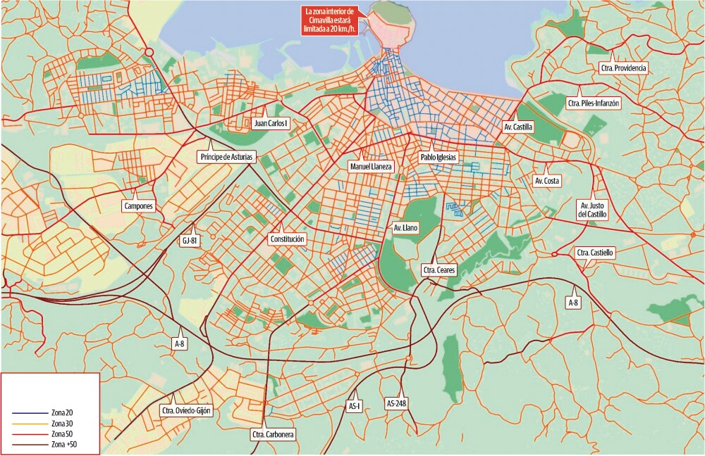 El documento contempla limitar la velocidad a 20 y 30 kilómetros por hora en casi todo Gijón