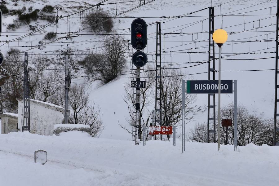 La nieve caída en las últimas jornadas ha dejado estas espectaculares imágenes de la línea ferroviaria en Busdongo, que une León y Asturias, que se encuentra suspendida