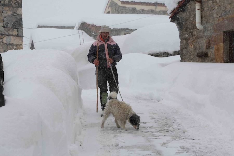 Más de un metro de nieve rodea el acceso de Sotres, en el concejo de Cabrales. El paso quedó cerrado ayer por aludes, cuyo riesgo de caída sigue siendo muy alto.