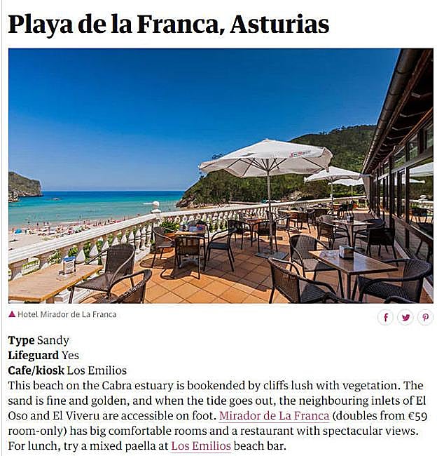 Artículo de 'The Guardian' en el que se recomienda la playa de La Franca, en Ribadedeva. 
