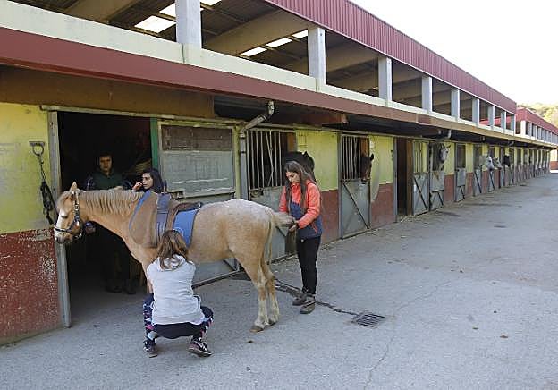 Usuarios con un caballo en El Asturcón. 