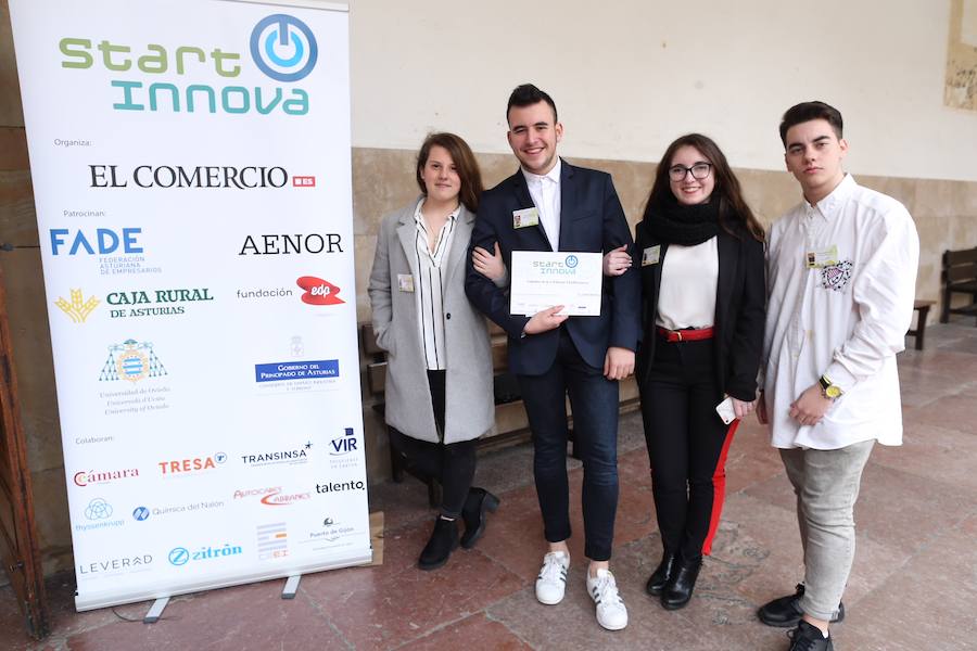Medio centenar de estudiantes asturianos se han clasificado para la gran final de STARTinnova, el programa de fomento de la cultura emprendedora que promueve EL COMERCIO. Organizados en cinco equipos, han presentado sus proyectos ante un jurado de expertos en el Aula Magna del Edificio Histórico de la Universidad de Oviedo.