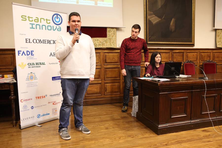 Medio centenar de estudiantes asturianos han participado en la gran final de STARTinnova, el programa de fomento de la cultura emprendedora que organiza EL COMERCIO. Organizados en cinco equipos han presentado sus proyectos ante un jurado de expertos en el Aula Magna del Edificio Histórico de la Universidad de Oviedo.