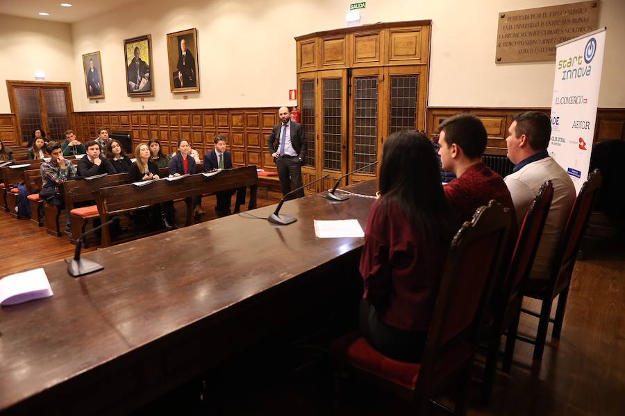 Medio centenar de estudiantes asturianos se han clasificado para la gran final de STARTinnova, el programa de fomento de la cultura emprendedora que promueve EL COMERCIO. Organizados en cinco equipos, han presentado sus proyectos ante un jurado de expertos en el Aula Magna del Edificio Histórico de la Universidad de Oviedo.