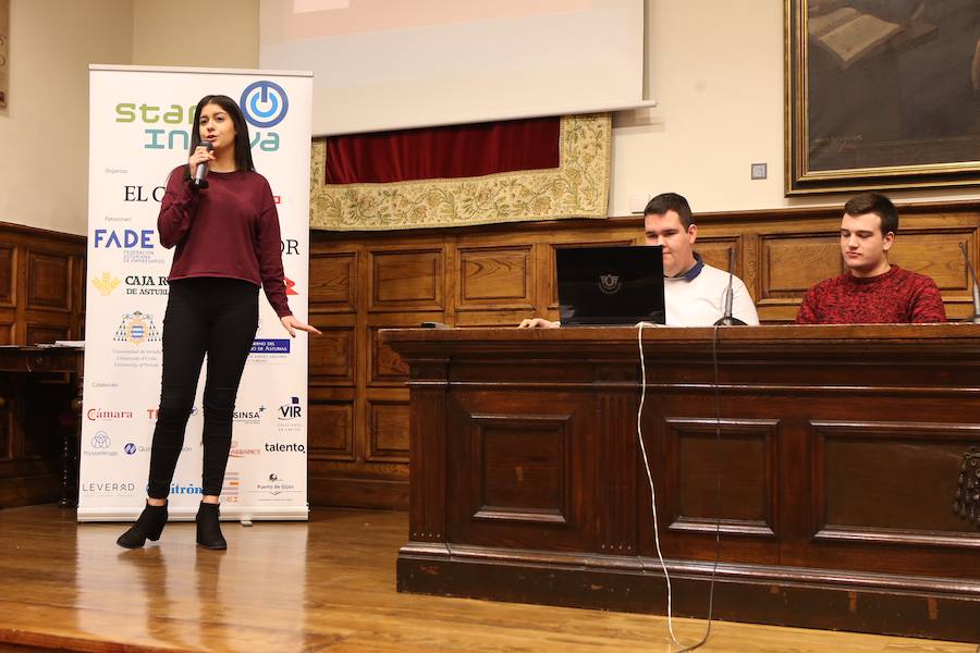 Medio centenar de estudiantes asturianos se han clasificado para la gran final de STARTinnova, el programa de fomento de la cultura emprendedora que promueve EL COMERCIO. Organizados en cinco equipos, han presentado sus proyectos ante un jurado de expertos en el Aula Magna del Edificio Histórico de la Universidad de Oviedo.