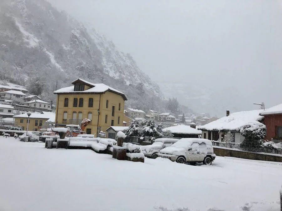 A pocas horas para la llegada de la primavera, gran parte de Asturias está cubierta por un manto blanco. La nieve complica la circulación en muchas carreteras. Incluso en la autopista del Huerna, que ha estado cerrada a camiones durante varias horas.