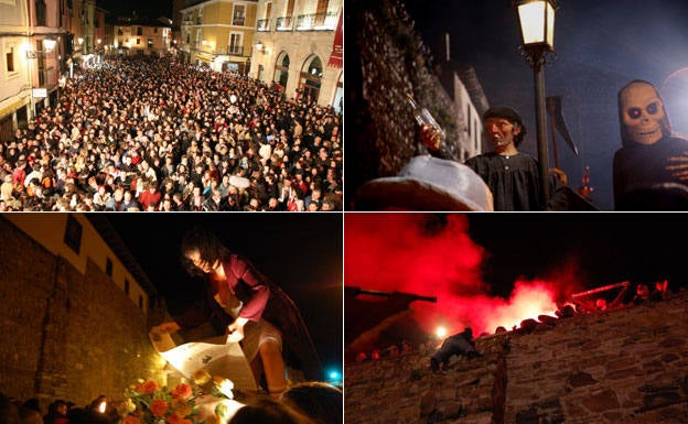 Imágenes de cuatro momentos del Entierro de Genarín en León: Los asistentes escuchando la lectura de la Encíclica del año en la plaza de San Martín, Genarín con la muerte acechándole en la carretera de los Cubos, 'La Moncha' oculta con hojas de periódico el cuerpo yacente de Genaro Blanco y, por último, Entrega de las ofrendas en lo alto de la muralla (corona de laurel, pan, queso y orujo) por el Hermano Trepador.