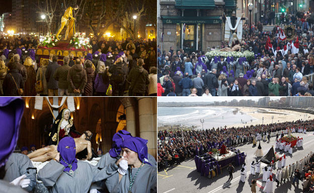 Arriba a la izquierda, porteadores de la Hermandad de la Santa Vera Cruz, llevando el paso del Cristo Flagelado en la Procesión del Silencio; a la derecha, una imagen de la Procesión del Santo Entierro. Abajo, a la izquierda, cofrades de la Hermandad tras la misma procesión y, a la derecha, una imagen del Domingo de Resurrección en el Campo Valdés. 