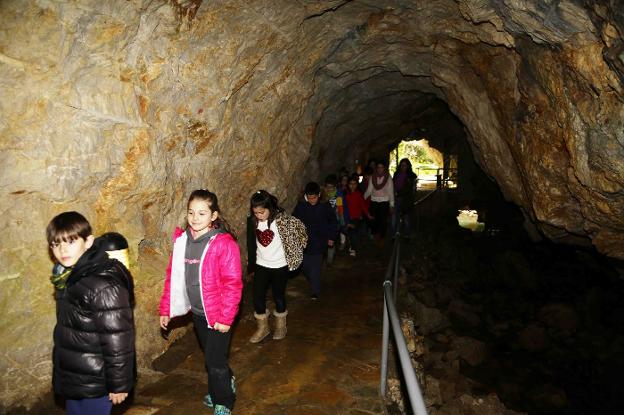 Varios escolares visitan la cueva de Tito Bustillo en el primer día de la temporada. 