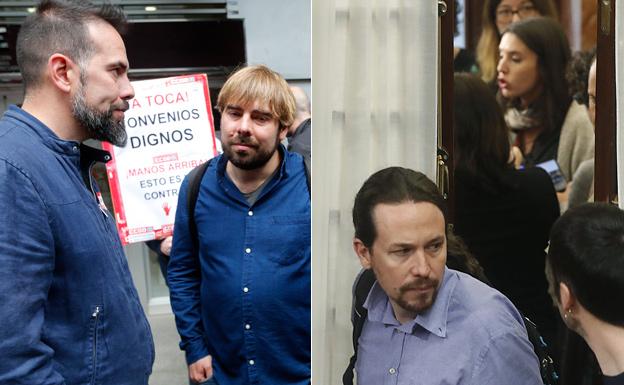 A la izquierda, Daniel Ripa, ayer, durante una concentración ante la sede de la Fade; a la derecha, Pablo Iglesias e Irene Montero en el Congreso.