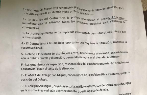 El comunicado del Colegio San Miguel tras apartar a una de sus docentes por una presunta relación con un alumno 