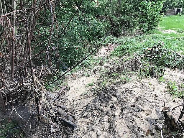 Fontaciera. A la izquierda, las ramas acumuladas provocan el desborde del río en una parcela. A la derecha, maleza y plásticos acumulados sobre el cauce del Pinzales. 