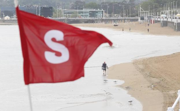 Un hombre pasea por la playa con la bandera en primer término. 