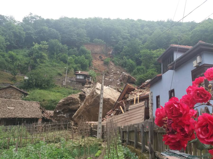 Fotos: Un argayo de grandes dimensiones obliga a desalojar La Cortina, en Lena