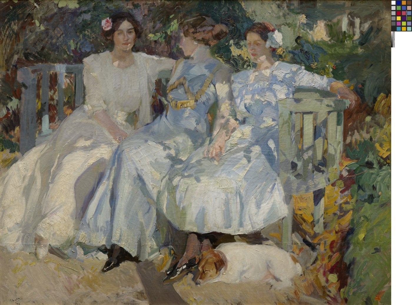 'Mi mujer y mis hijas en el jardín'. En la Colección Masaveu se aprecia cómo se fue gestando el gran pintor de retratos al aire libre que sería Sorolla en su madurez. Esta obra maestra, pintada en 1910 en el jardín de su casa con una pincelada suelta y brillante, confirma la calidad de su técnica. Este es uno de los cuadros preferidos por su bisnieta. 