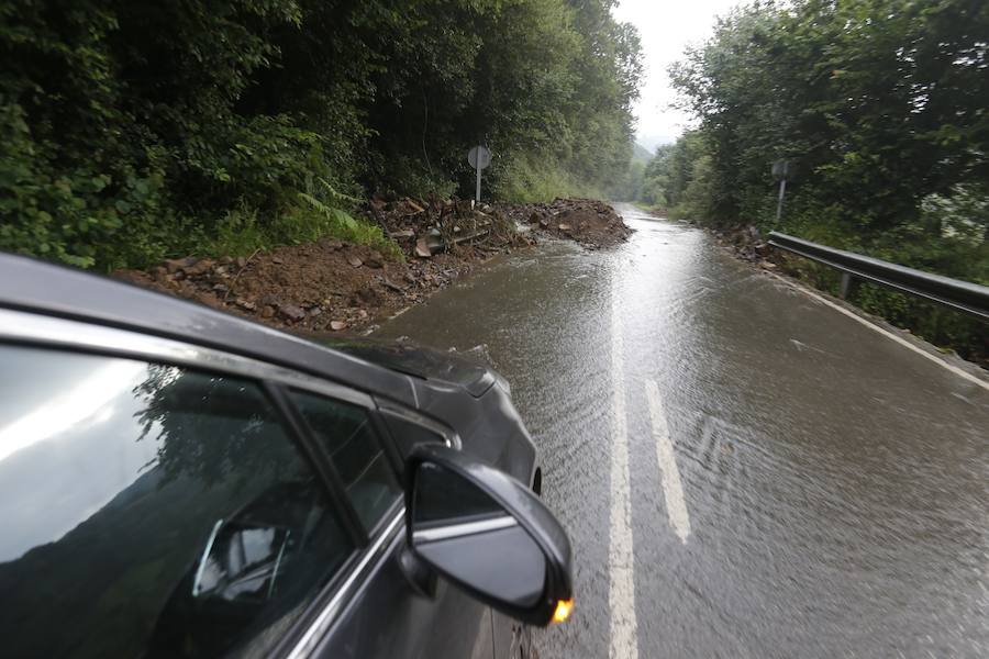 El desprendimiento del Oriente se produjo esta tarde en las inmediaciones de la gasolinera de Arenas y corta la AS-114 que une el concejo con Panes. En Grado, permanece cortada la AS-311