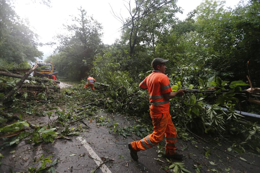 El desprendimiento del Oriente se produjo esta tarde en las inmediaciones de la gasolinera de Arenas y corta la AS-114 que une el concejo con Panes. En Grado, permanece cortada la AS-311