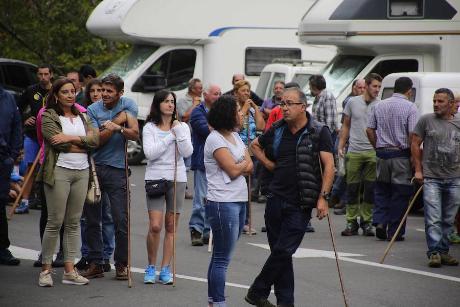 Centenares de ganaderos de la comarca oriental, hartos de los continuos ataques del lobo a sus animales, han cortado la carretera entre el aparcamiento de Obar y Poncebos para reclamar soluciones efectivas