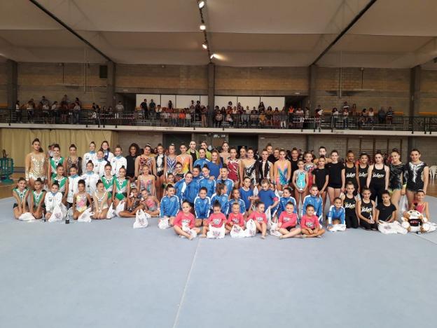 Gran parte de las gimnastas que compitieron en el polideportivo municipal de Villaviciosa. :: E. C.