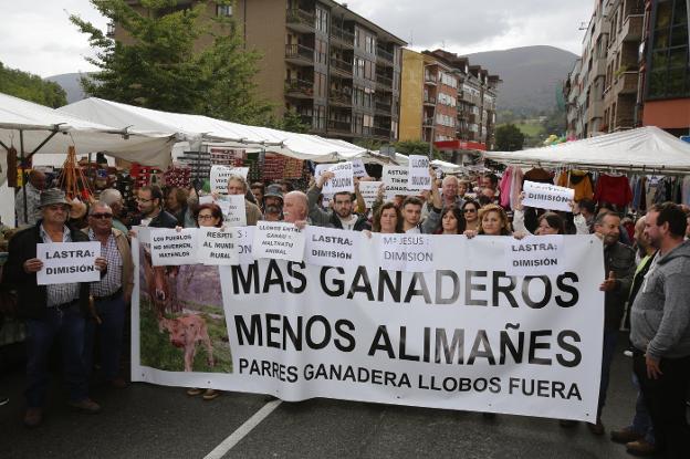 Manifestación de los ganaderos por la calle Covadonga de Infiesto, con motivo del Festival. 