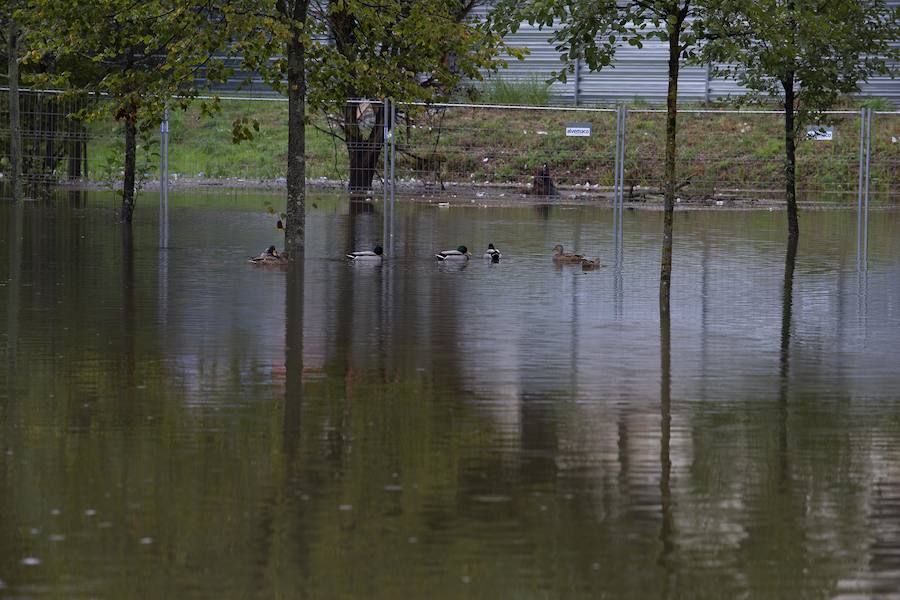 Gijón no se escapó del temporal y la lluvia anegó el parque fluvial.