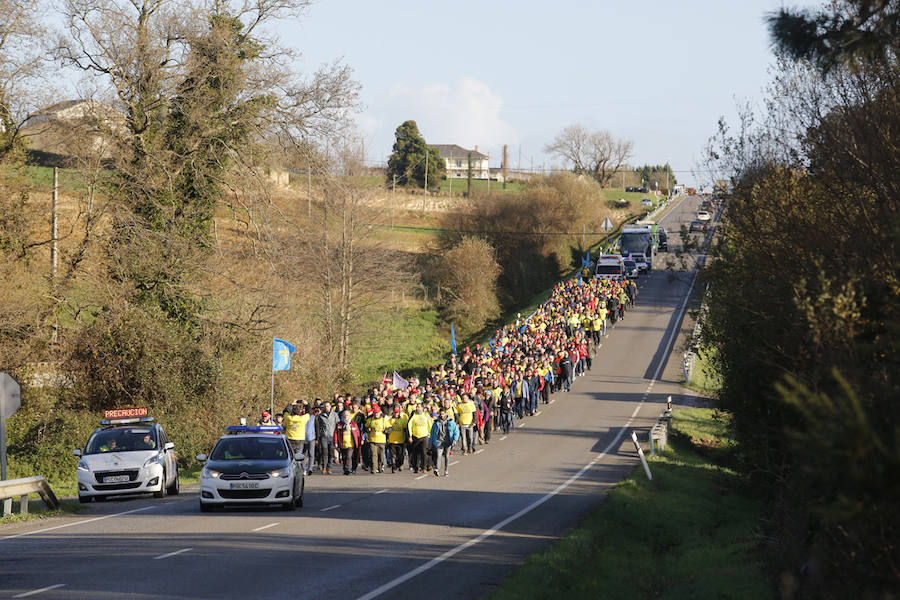 Los empleados de las plantas gallega y asturiana protagonizan una marcha desde las localidades de Castropol y Ribadeo en defensa del mantenimiento de la empresa.