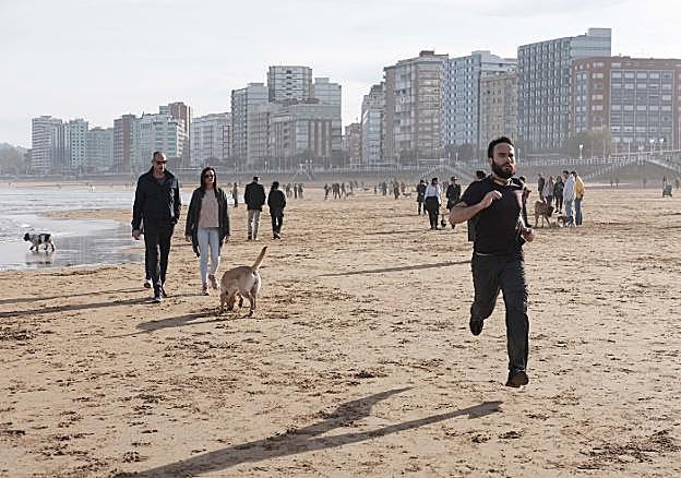 Mucha gente aprovechó para hacer deporte y pasear por la playa de San Lorenzo, en Gijón. 