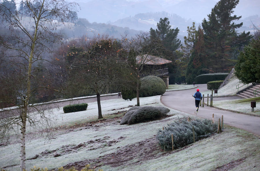 Cubierta por el manto blanco de una fuerte helada y con temperaturas de hasta seis grados bajo cero. Así ha amanecido Asturias este viernes.